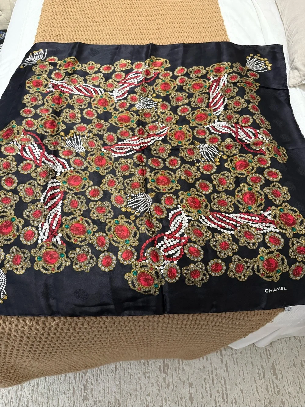 Chanel Vintage Scarf - Gripoix jewelry print  - red and black
